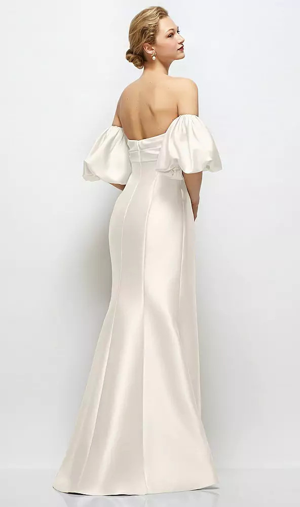 Off-the-Shoulder Puff Sleeve Satin Maxi Dress with Flared Skirt D885 Esther