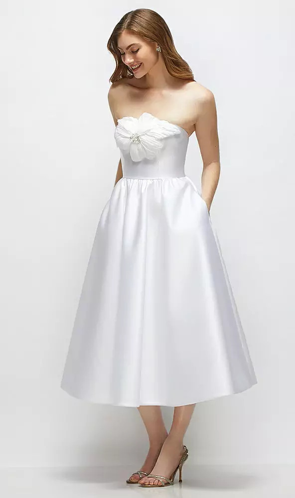 Flynn Strapless Satin Midi Dress with Handmade Flower & Horsehair Hem in White