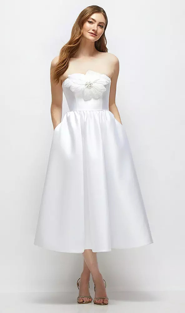 Flynn Strapless Satin Midi Dress with Handmade Flower & Horsehair Hem in White