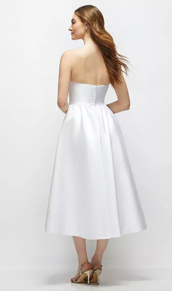 Flynn Strapless Satin Midi Dress with Handmade Flower & Horsehair Hem in White