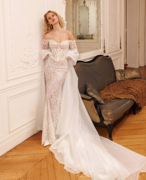 Moment Chantilly Lace Wedding Dress with optional Cape by Wona Concept - Dress only 