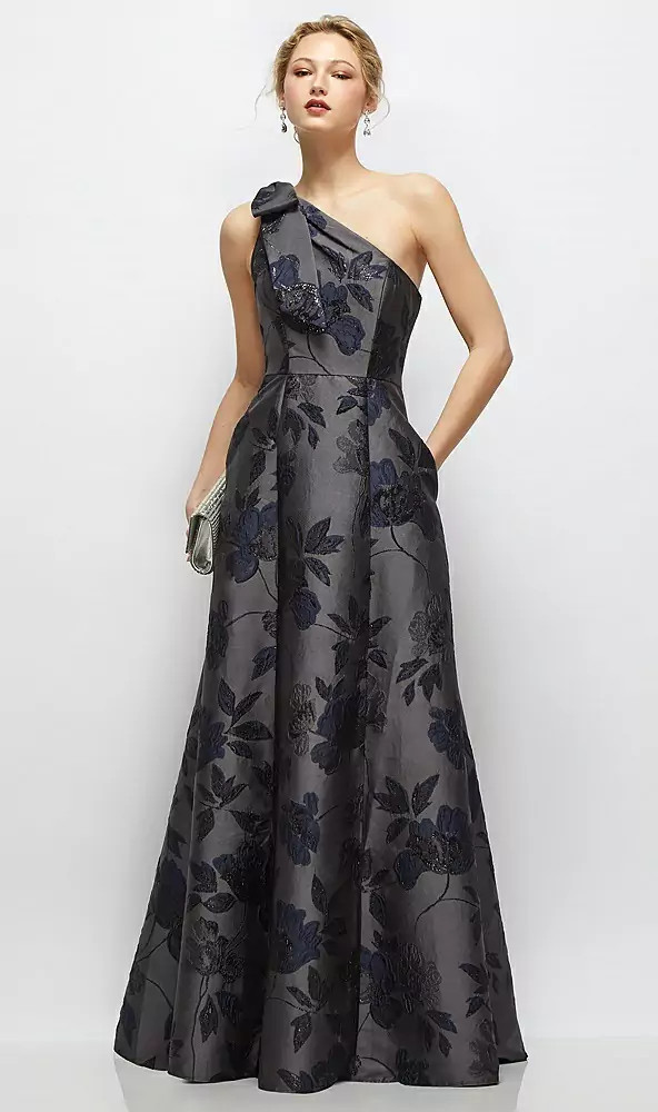 Bow One-Shoulder Full A-Line Satin Maxi Dress - Savanna · Style D875JAC  in 4 colors