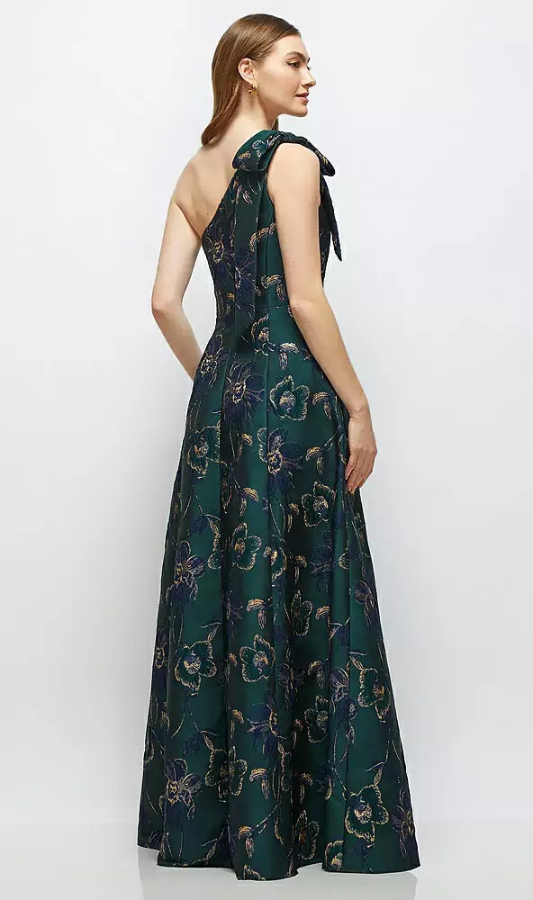 Bow One-Shoulder Full A-Line Satin Maxi Dress - Savanna · Style D875JAC  in 4 colors