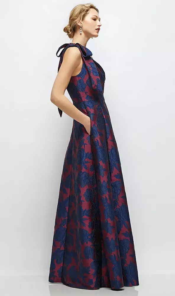 Bow One-Shoulder Full A-Line Satin Maxi Dress - Savanna · Style D875JAC  in 4 colors