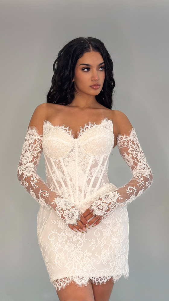 Lynn Beaded Lace Short Wedding Dress ( with sleeves )