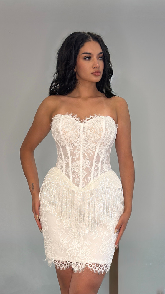 Kate Basque Waist Lace Short Wedding Dress with Beaded Fringe