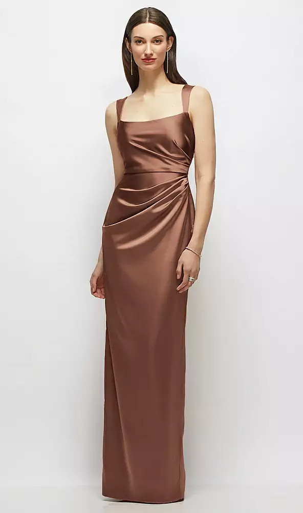 Scoop Neck Draped Column Stretch Satin Maxi Dress by After Six -  Thea · Style 6913