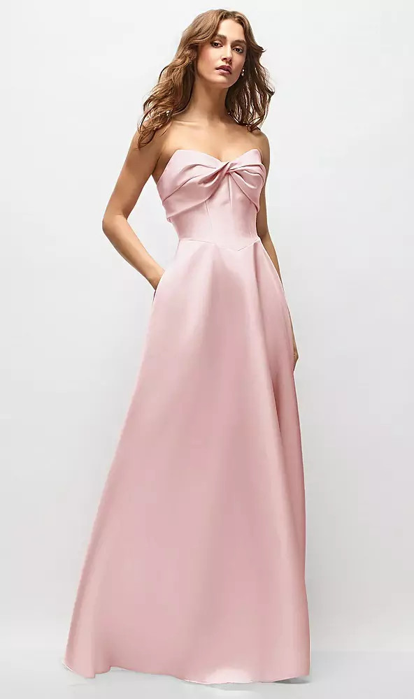 Strapless Twist Cuff Neck Satin Maxi Dress with Basque-Waist & Full Skirt by Alfred Sung -   Antoinette · Style D888