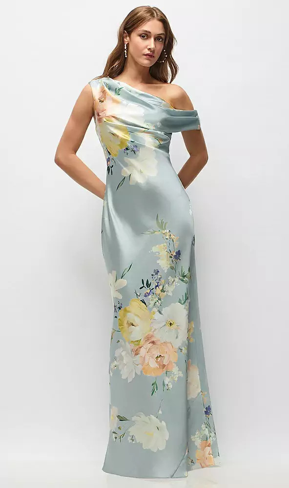Draped One-Shoulder Bias Painterly Floral Stretch Satin Maxi Dress by After Six -  Liv · Style 6912PFC