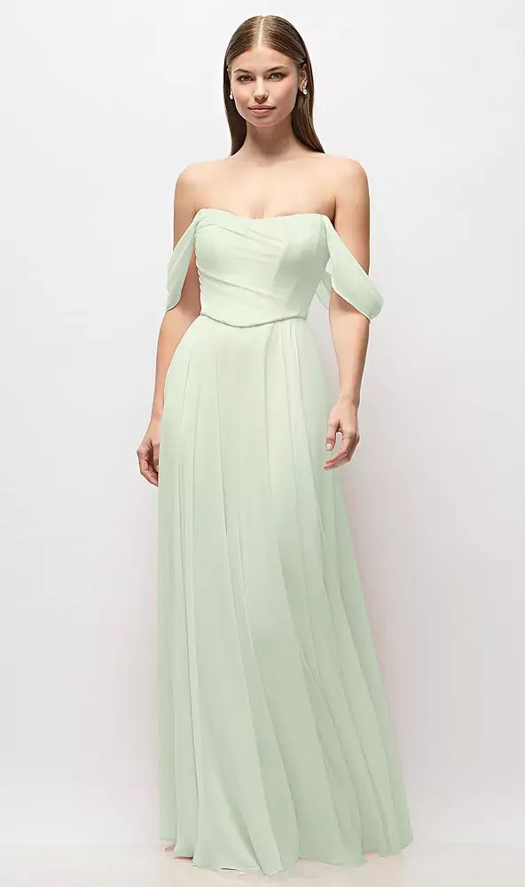 Off-the-Shoulder Basque Corset Chiffon Maxi Dress by Alfred Sung -  Kiernan · Style 3181