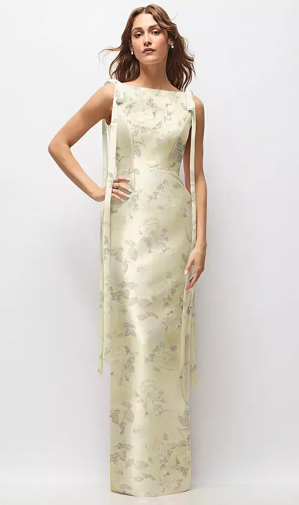 Floral Bateau Neck Satin Column Maxi Dress with Exaggerated Tail Bow Straps by Alfred Sung -   Lilibet · 