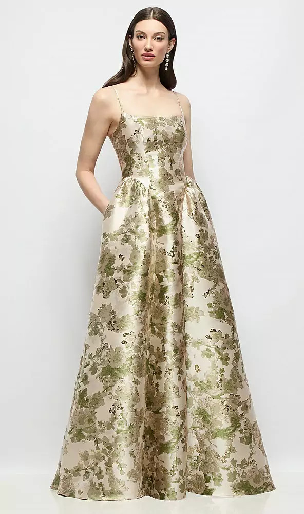 Scoop Neck Drop Basque Skirt Abstract Floral Jacquard Maxi Dress with Pockets by Dessy -   Jillian · Style 3169FJ in Peridot Blush
