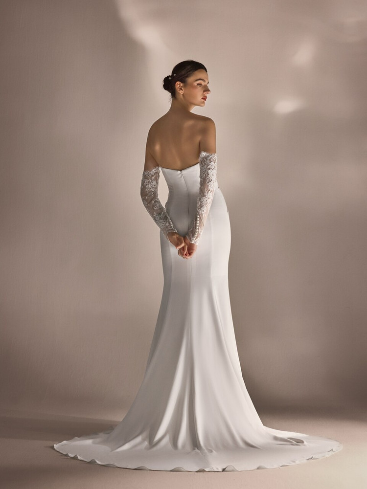 Indigo Mermaid Crepe Wedding Dress with Lace Sleeves 