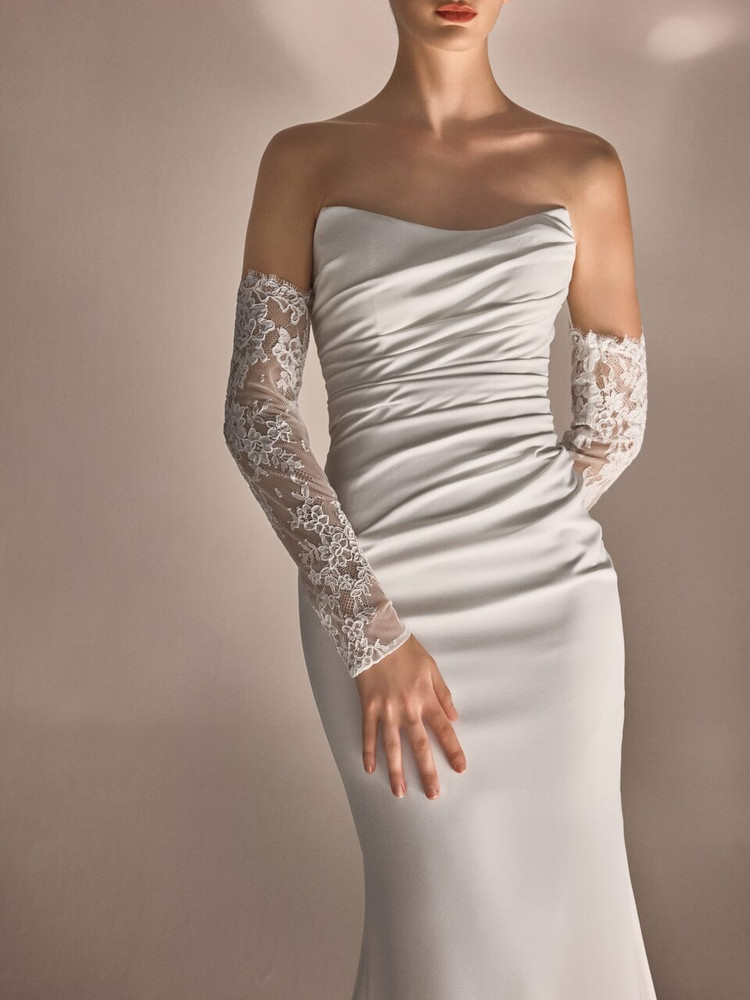 Indigo Mermaid Crepe Wedding Dress with Lace Sleeves 