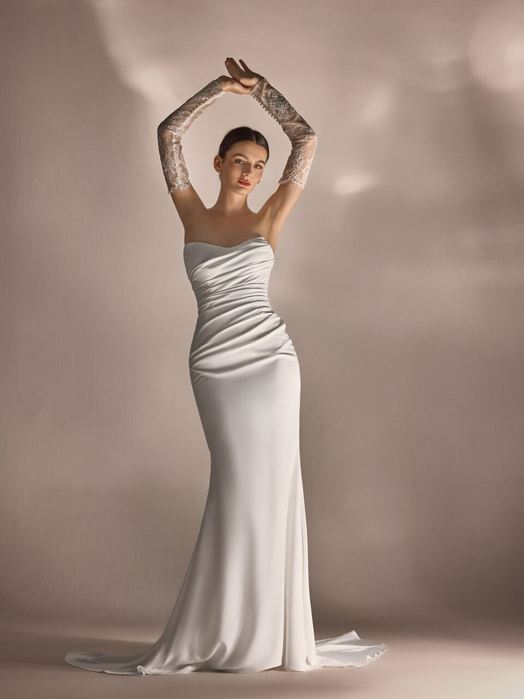 Indigo Mermaid Crepe Wedding Dress with Lace Sleeves 