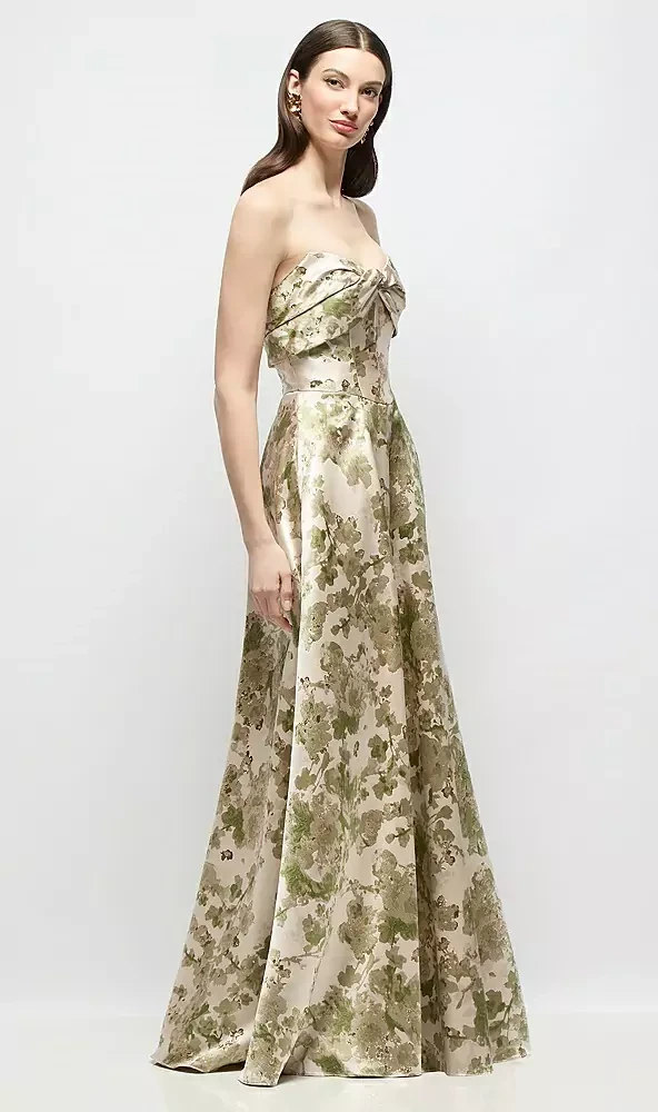 Strapless Twist Cuff Neck Floral Satin Maxi Dress with Basque-Waist & Full Skirt by Alfred Sung -   Antoinette · Style D888AFJ in Abstract Floral Jacquard