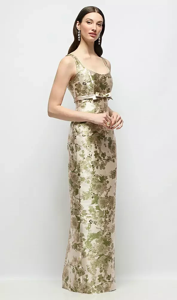 Scoop Neck Floral Satin Column Maxi Dress with Bow at Empire Waist by Alfred Sung -   Gwyneth · Style D893AFJ in Abstract Floral Jacquard