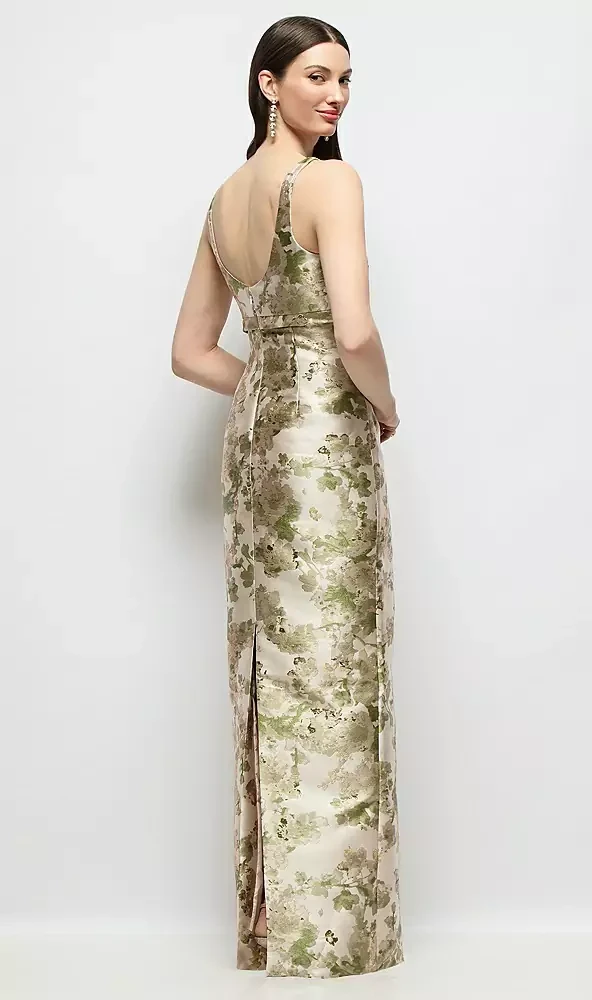 Scoop Neck Floral Satin Column Maxi Dress with Bow at Empire Waist by Alfred Sung -   Gwyneth · Style D893AFJ in Abstract Floral Jacquard