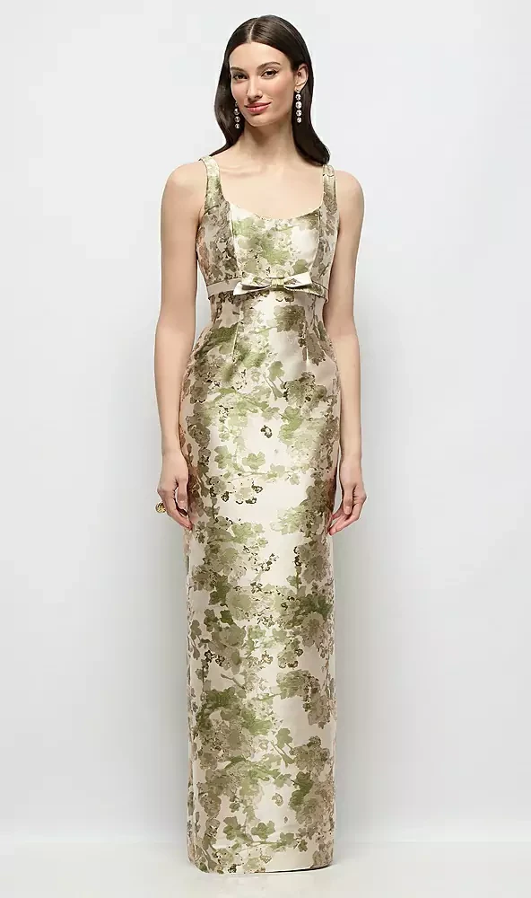 Scoop Neck Floral Satin Column Maxi Dress with Bow at Empire Waist by Alfred Sung -   Gwyneth · Style D893AFJ in Abstract Floral Jacquard