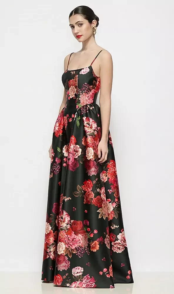 Scoop Neck Drop Basque Skirt Fleur de Villes Satin Maxi Dress with Pockets in Wine Black Multi