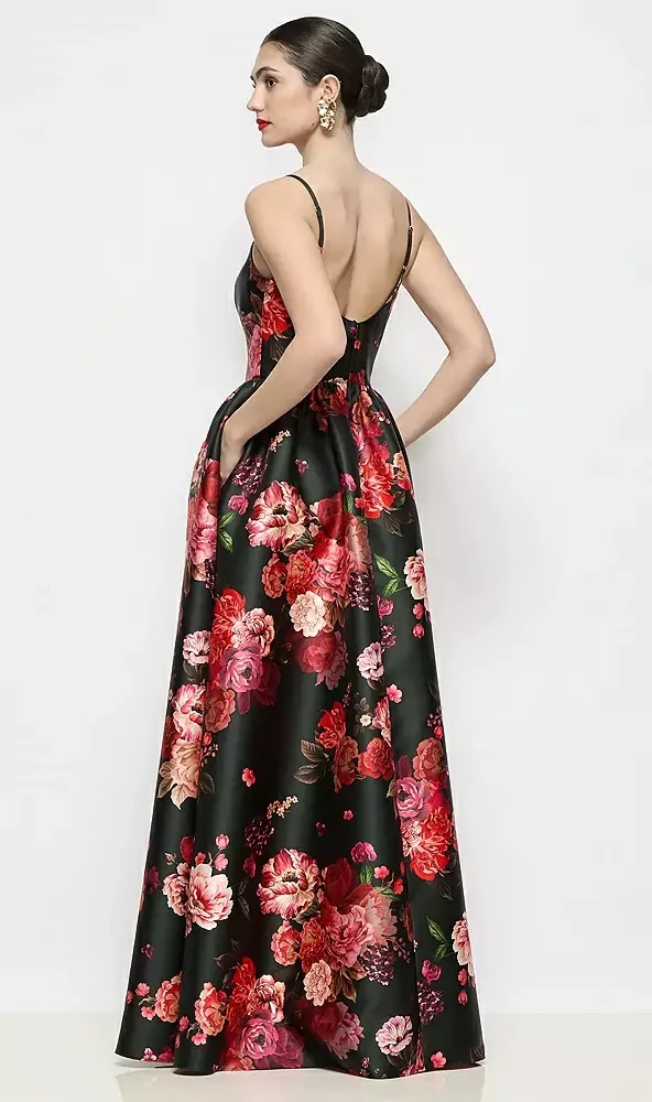 Scoop Neck Drop Basque Skirt Fleur de Villes Satin Maxi Dress with Pockets in Wine Black Multi