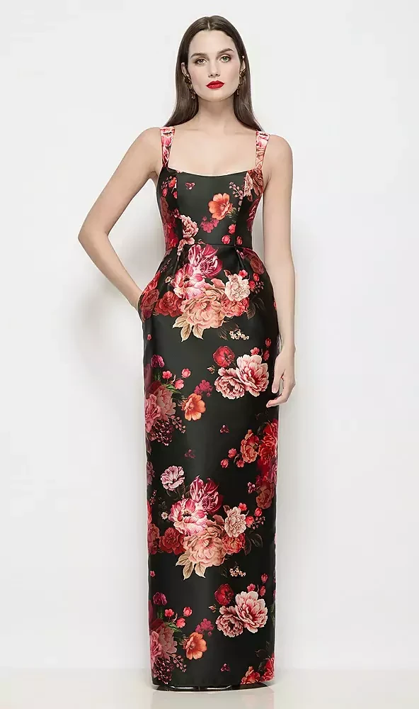 Shaped Strap Basque Neck Fleur de Villes Satin Maxi Dress with Column Skirt in Wine Black Multi