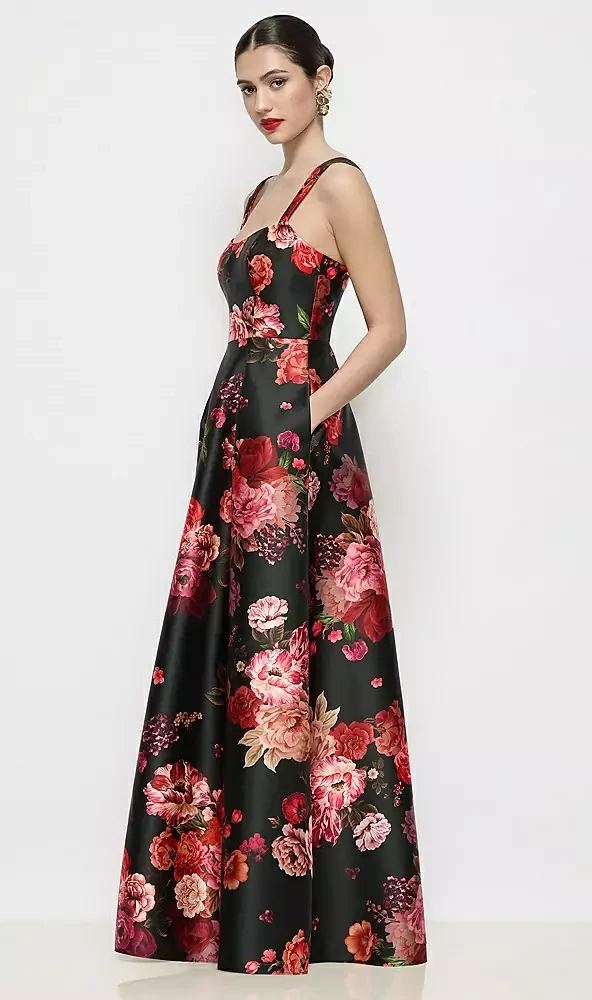 Shaped Strap Basque Neck Fleur de Villes Satin Maxi Dress with Pleated Skirt in Wine Black Multi