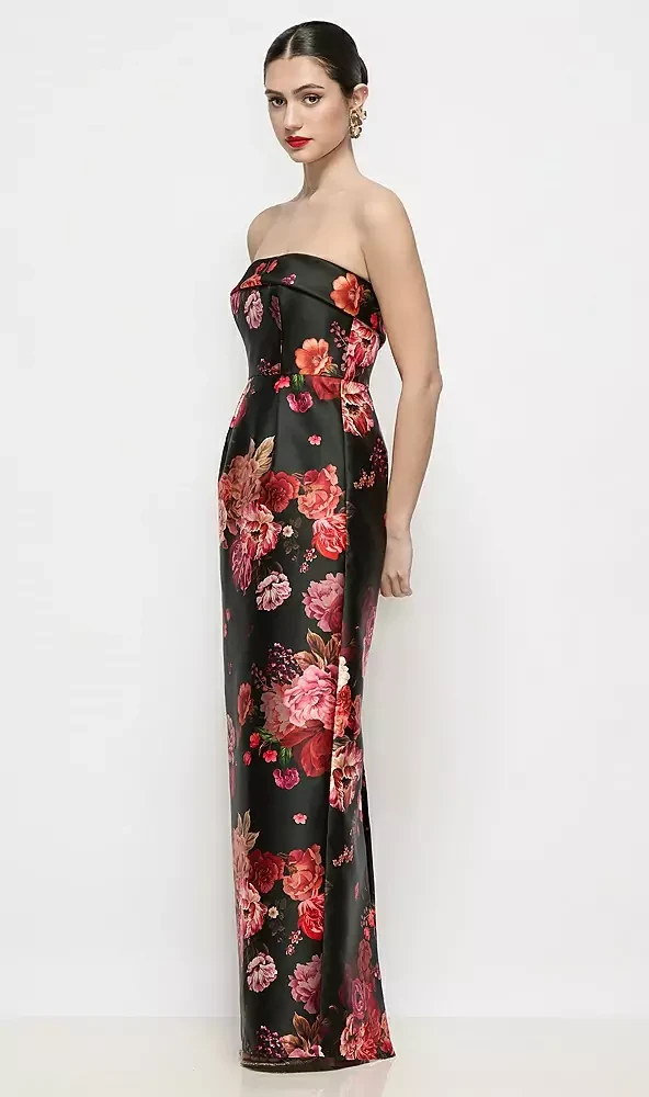 Strapless Cuff Neck Fleur de Villes Satin Maxi Dress with Column Skirt in Wine Black Multi