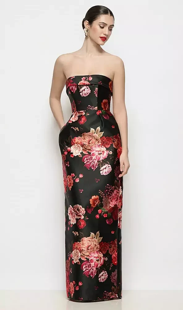 Strapless Cuff Neck Fleur de Villes Satin Maxi Dress with Column Skirt in Wine Black Multi