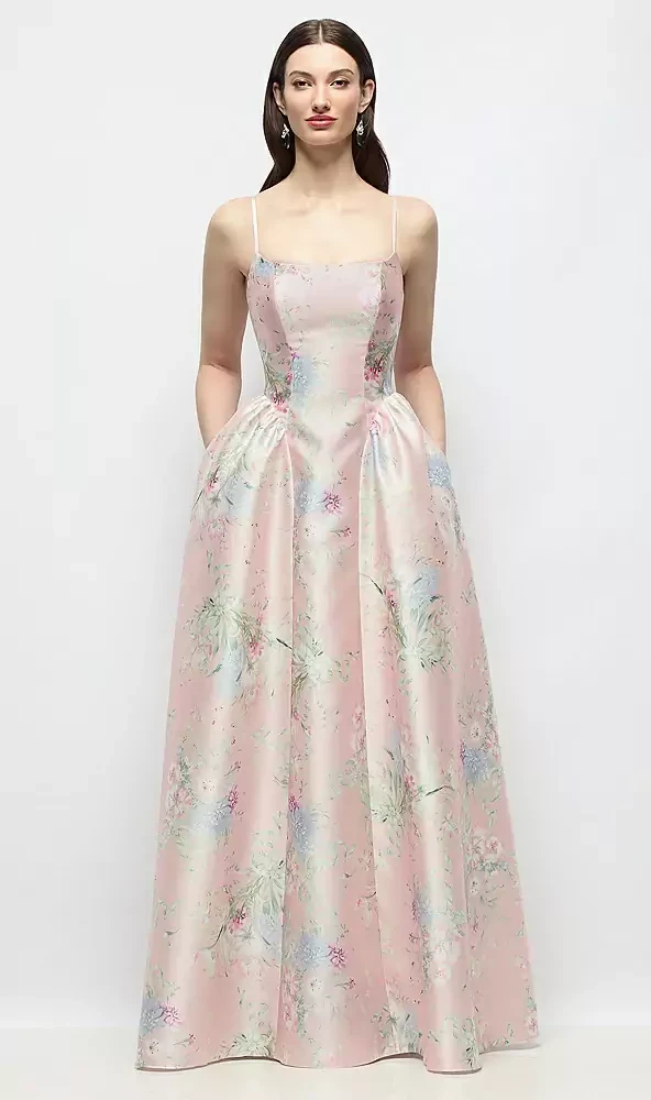 Scoop Neck Drop Basque Skirt Esme Floral Satin Maxi Dress with Pockets in Esme Floral