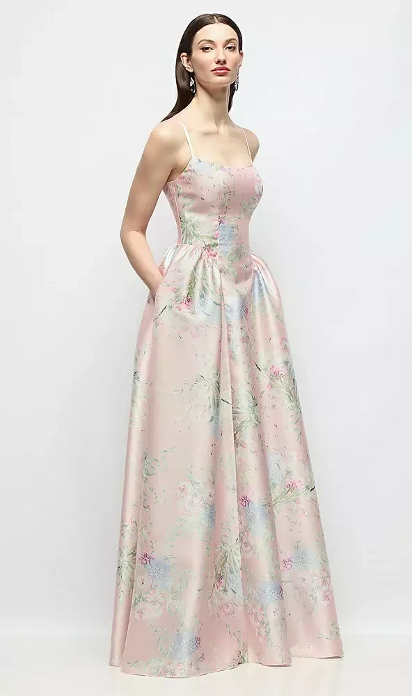 Scoop Neck Drop Basque Skirt Esme Floral Satin Maxi Dress with Pockets in Esme Floral