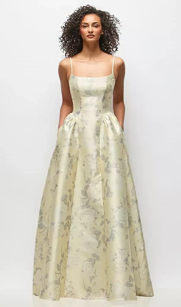 Scoop Neck Drop Basque Skirt Floral Satin Maxi Dress with Pockets in Butter Yellow Floral