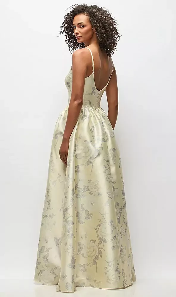 Scoop Neck Drop Basque Skirt Floral Satin Maxi Dress with Pockets in Butter Yellow Floral