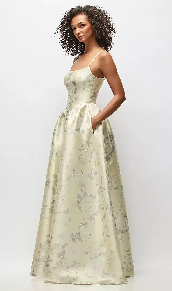 Scoop Neck Drop Basque Skirt Floral Satin Maxi Dress with Pockets in Butter Yellow Floral
