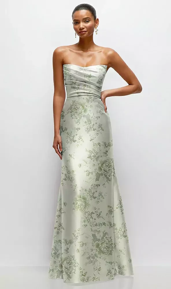 Strapless Cat-Eye Draped Bodice Floral Satin Trumpet Dress in Sage Cottage Rose