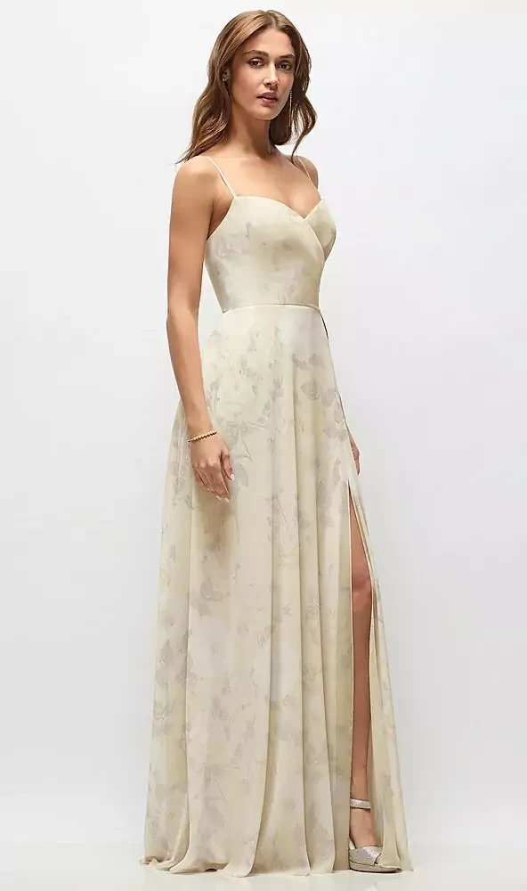 Wrap Bodice Floral Chiffon Maxi Dress with Adjustable Spaghetti Straps in Butter Yellow Floral