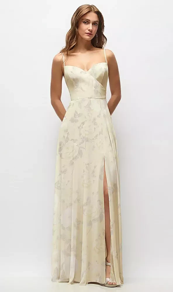 Wrap Bodice Floral Chiffon Maxi Dress with Adjustable Spaghetti Straps in Butter Yellow Floral