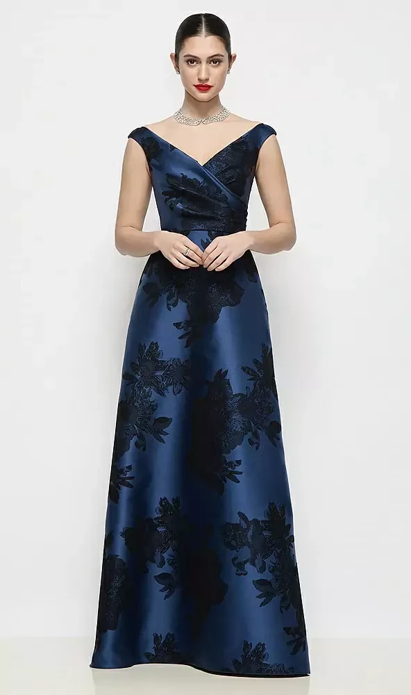 Off-the-Shoulder Pleated Crossover Flocked Floral Satin A-Line Maxi Dress in Soft Navy / Black