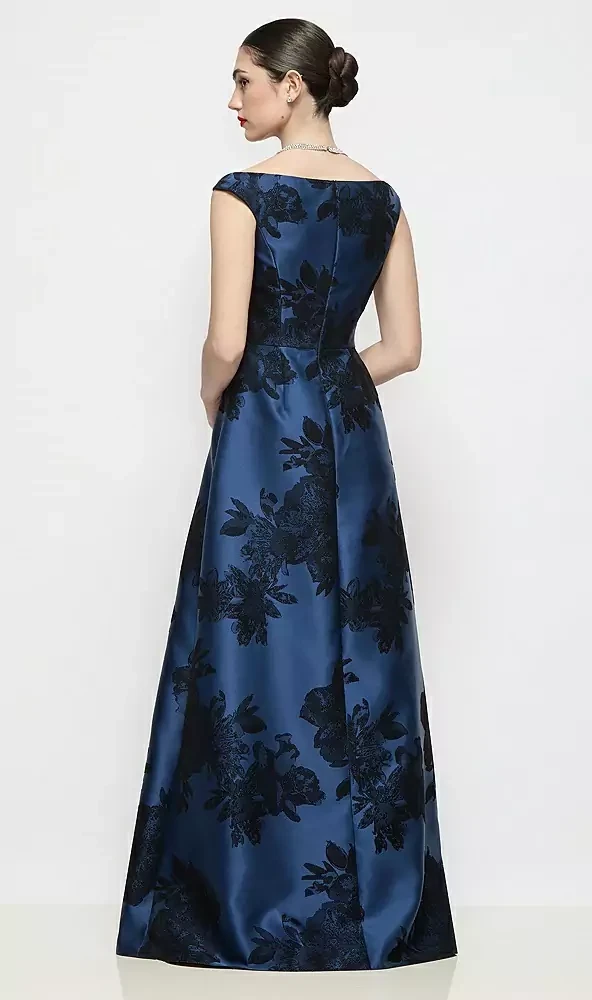 Off-the-Shoulder Pleated Crossover Flocked Floral Satin A-Line Maxi Dress in Soft Navy / Black