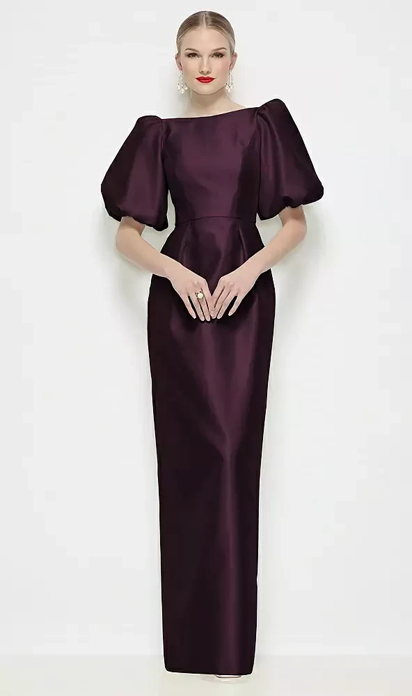Bateau Neck Satin Column Maxi Dress with Puff Sleeves Blaine 3201 in 31 colours