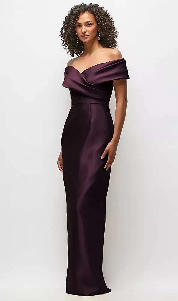 Draped Wrap Off-the-Shoulder Satin Column Maxi Dress -Alfred Sung Constance · Style D887 in 31 colours