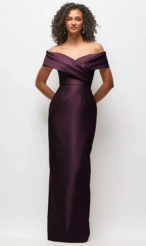 Draped Wrap Off-the-Shoulder Satin Column Maxi Dress -Alfred Sung Constance · Style D887 in 31 colours