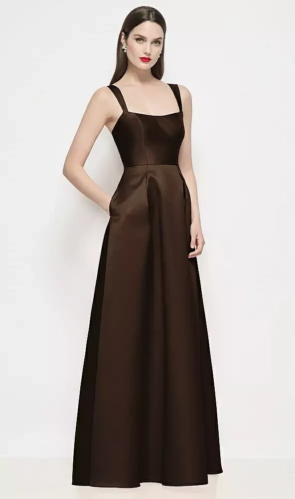Shaped Strap Basque Neck Satin Maxi Dress with Pleated Skirt - Alfred Sung Lyssa · Style D898 in 31 colours
