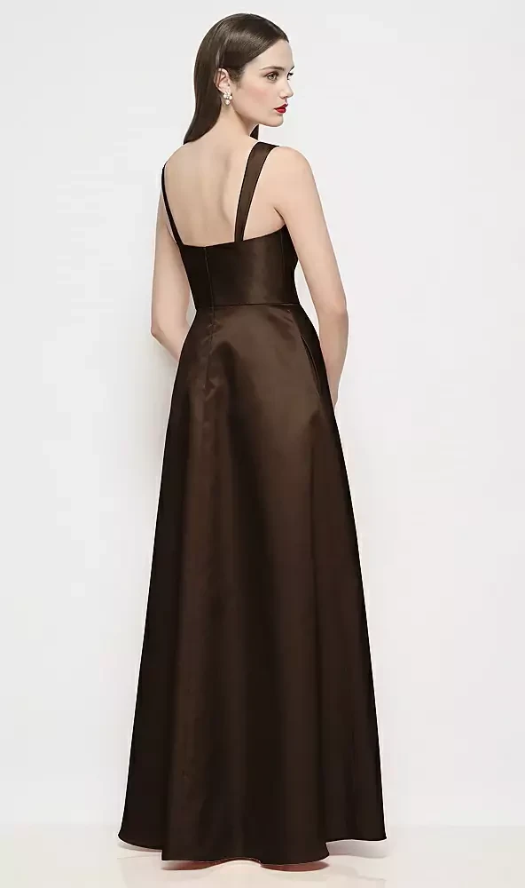 Shaped Strap Basque Neck Satin Maxi Dress with Pleated Skirt - Alfred Sung Lyssa · Style D898 in 31 colours
