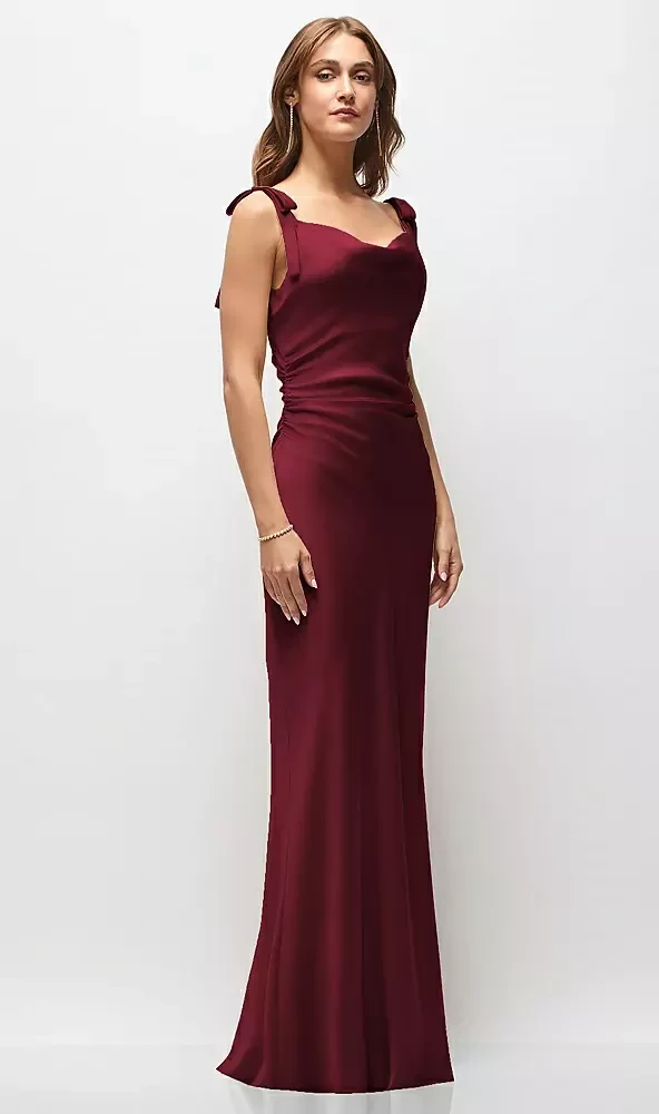 Soft Cowl Neck Ruched Side Satin Bias Maxi Dress with Shoulder Bows -  Thread Bridesmaid Juno · Style TH147 in 22 colours