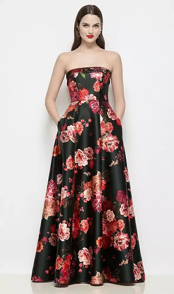 Strapless Bias Cuff Bodice Fleur de Ville Floral Satin Dress by Alfred Sung Sara · Style D843FDV