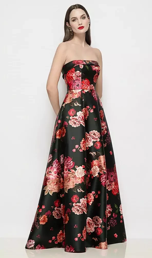 Strapless Bias Cuff Bodice Fleur de Ville Floral Satin Dress by Alfred Sung Sara · Style D843FDV
