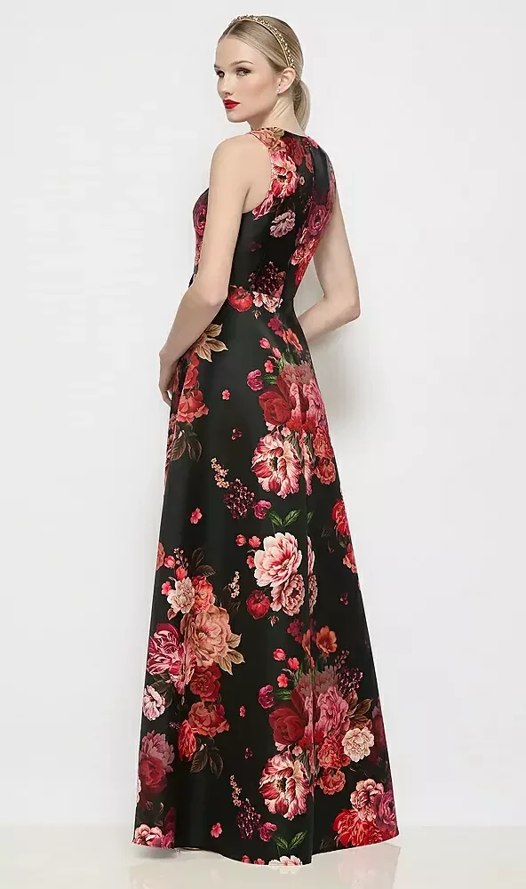 Sleeveless V-neck Fleur de Villes Satin Maxi Dress with Pleated Skirt by Alfred Sung Nellie · Style D899FDV