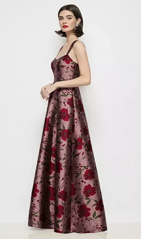 Shaped Strap Basque Neck Wild Rose Brocade Maxi Dress with Pleated Skirt by Alfred Sung Lyssa · Style D898WRB