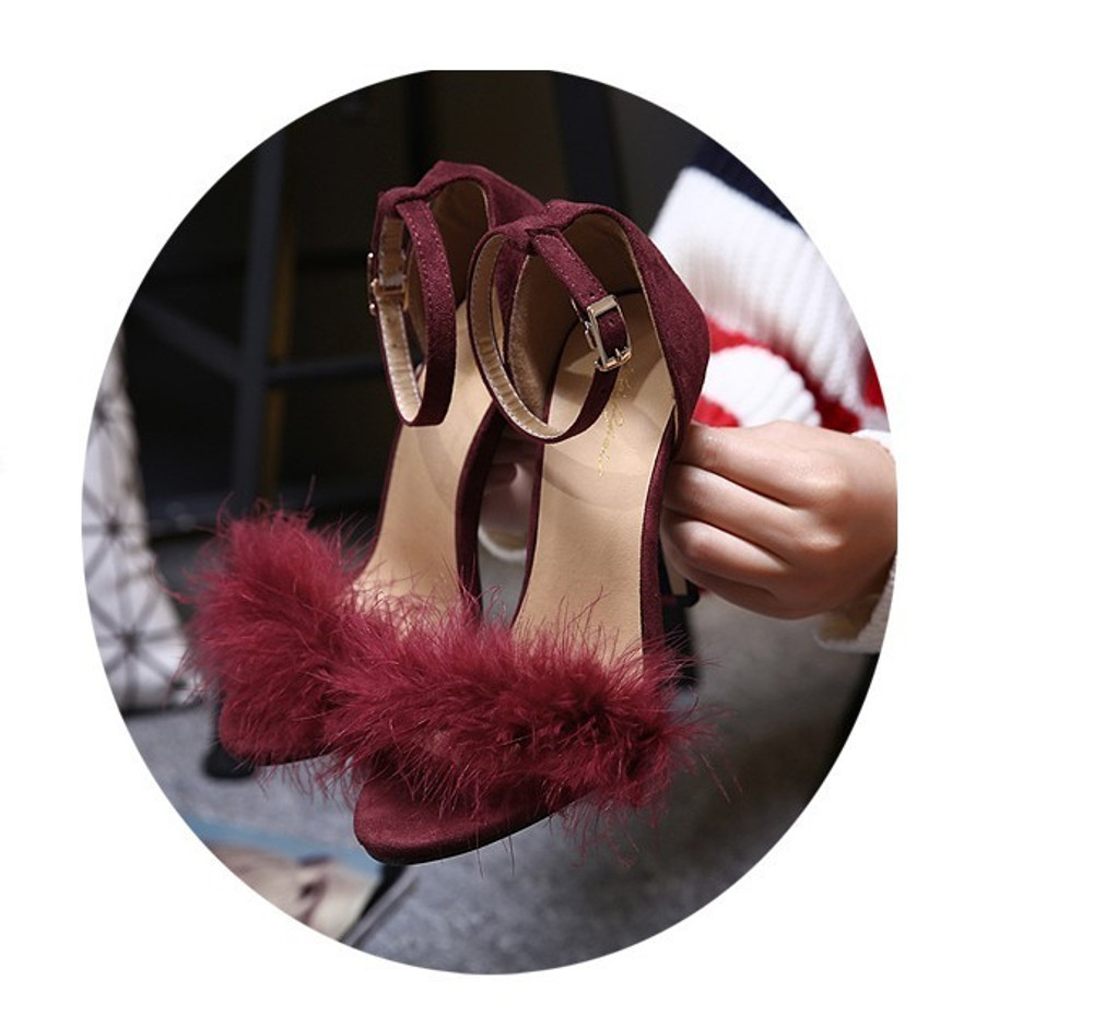 burgundy fluffy heels